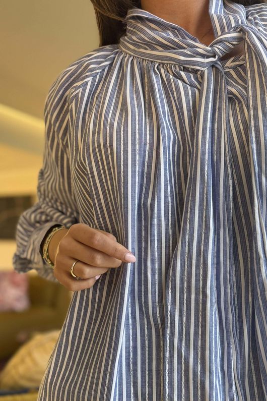 Nantucket Stripe Tie Neck Blouse Dark Denim